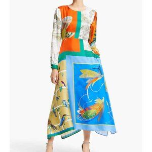 Max Mara Weekend Abile Silk Midi Dress Patchwork Bird Fish Lure Feather IT 36